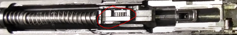 picture of umarex glock 18c internals showing hop up unit and reinforcement