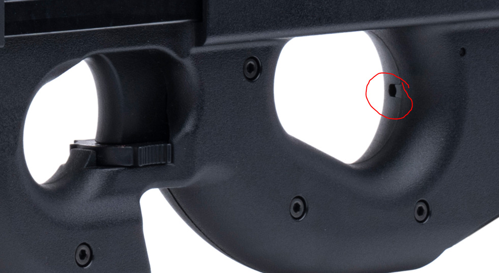 picture of trigger adjustment hole on krytac p90