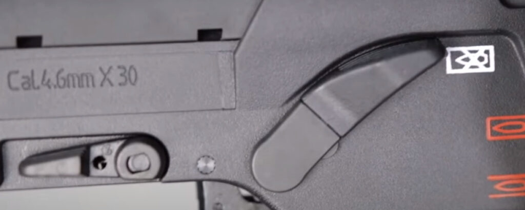 close up picture of the fire controls on the vfc mp7a1 aeg