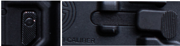 comparison picture showing user friendly mag release button on left hand side of sig sauer mcx airsoft gun and less friendly lever on right side