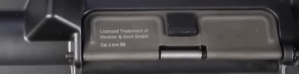 close up picture of trademarks on vfc hk416 dustcover