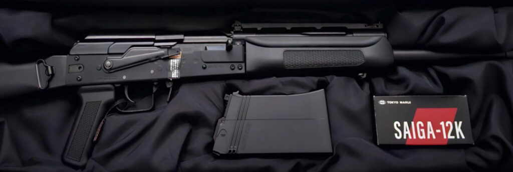 close up unboxing picture of tokyo marui saiga 12k airsoft shotgun